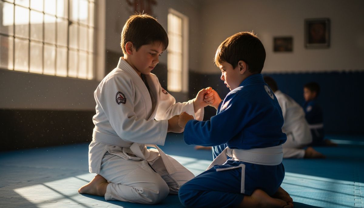 Child practicing martial arts techniques with a training partner