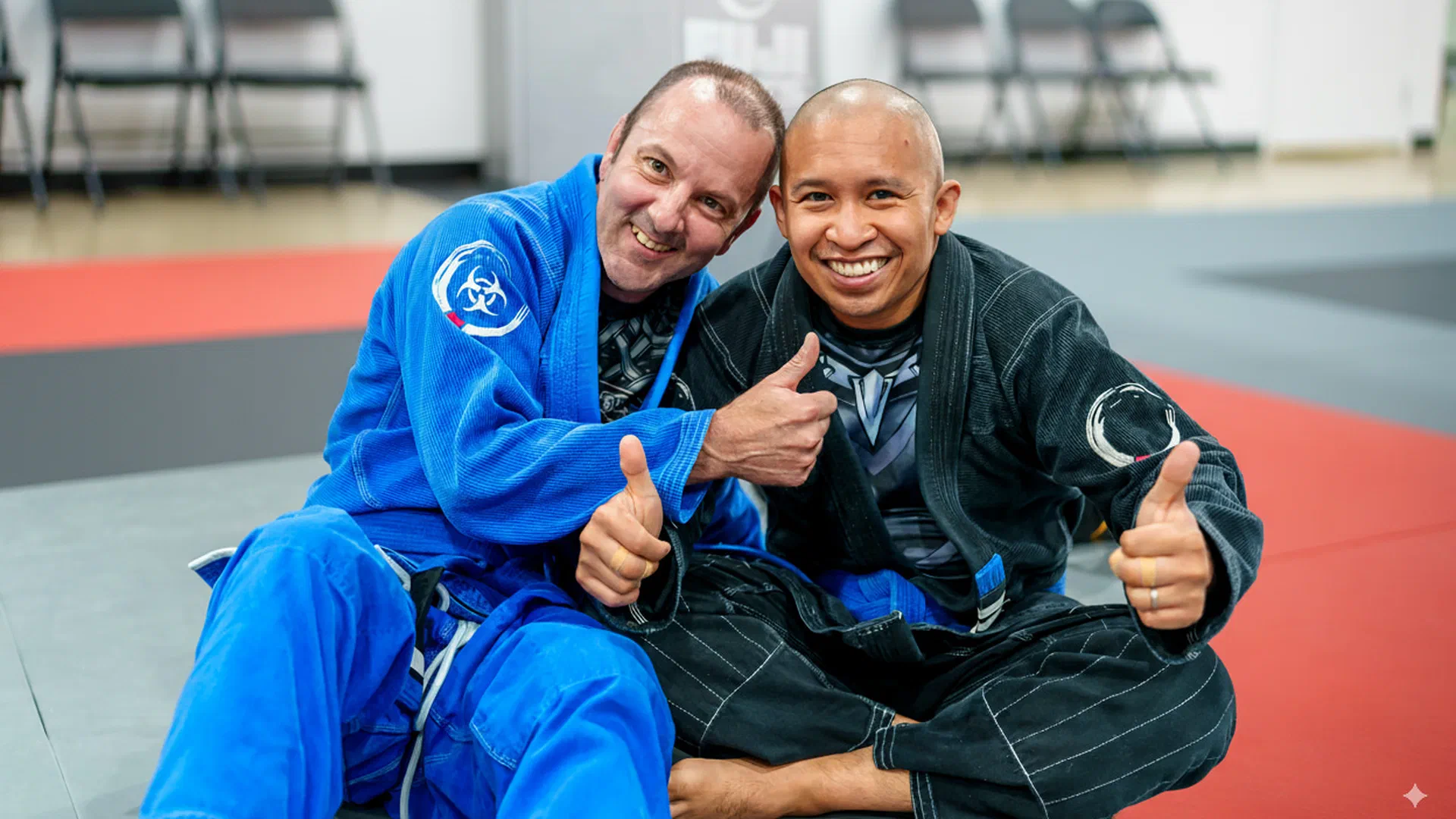 Happy adult BJJ students sitting on mats after class at Journey Academy Madison
