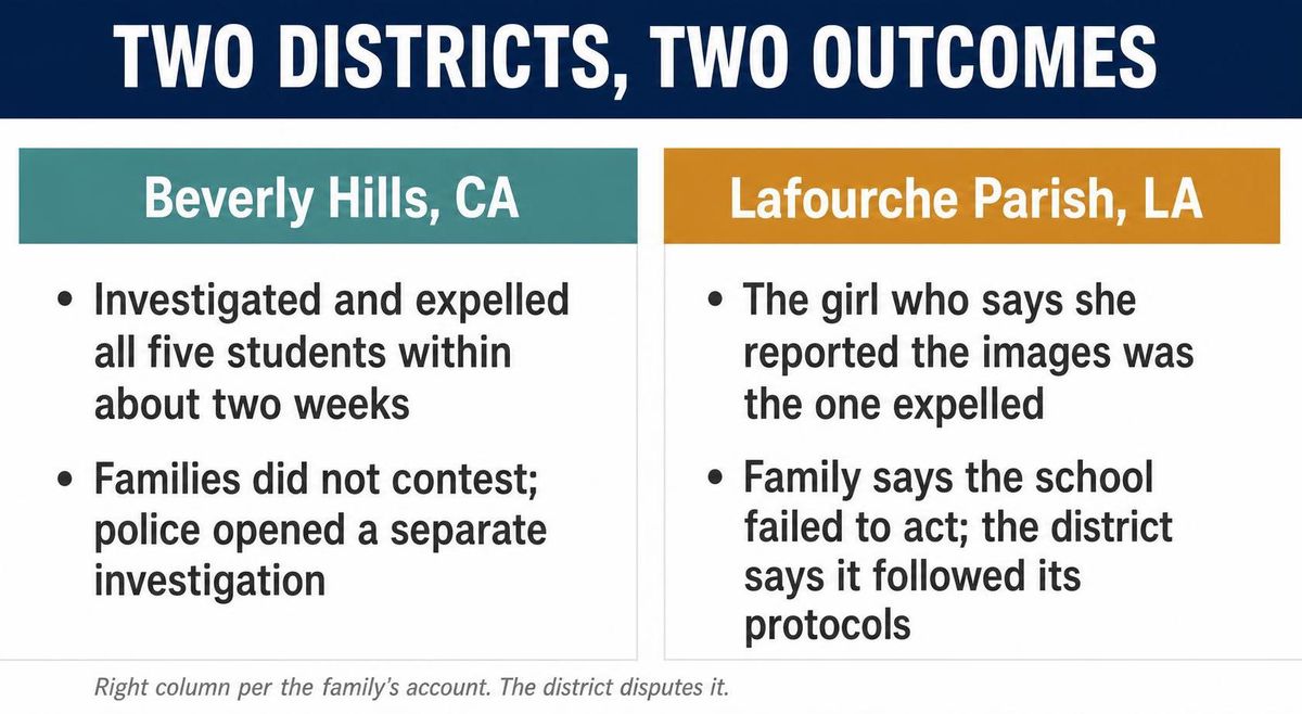 Two-column infographic comparing the two districts: Beverly Hills investigated and expelled all five students within about two weeks, while in Lafourche Parish the girl who says she reported the images was the one expelled — per the family's account, which the district disputes