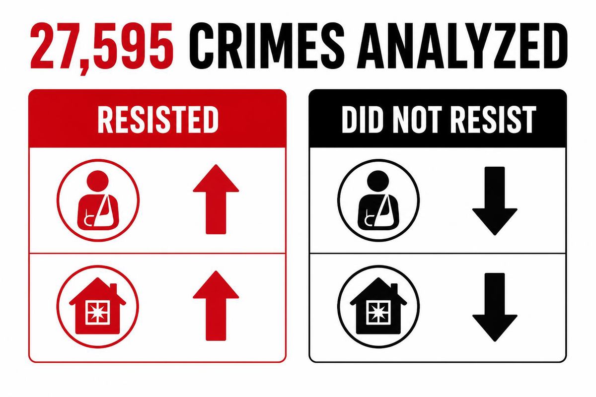 clean infographic headlined 27,595 crimes analyzed, two labeled outcome cards reading resisted and did not resist, with directional arrows for injury and property loss and no invented percentages