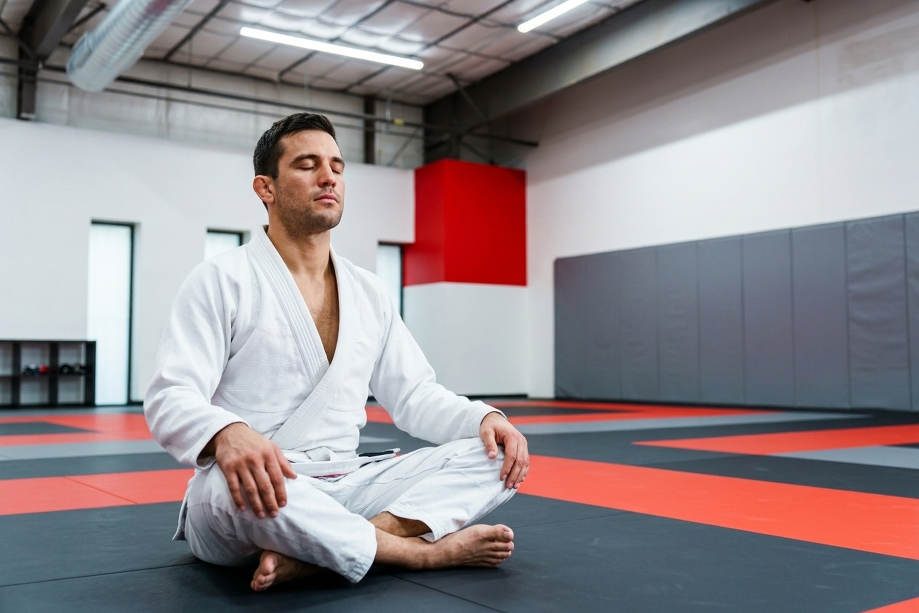 BJJ practitioner in focused meditation on the mat