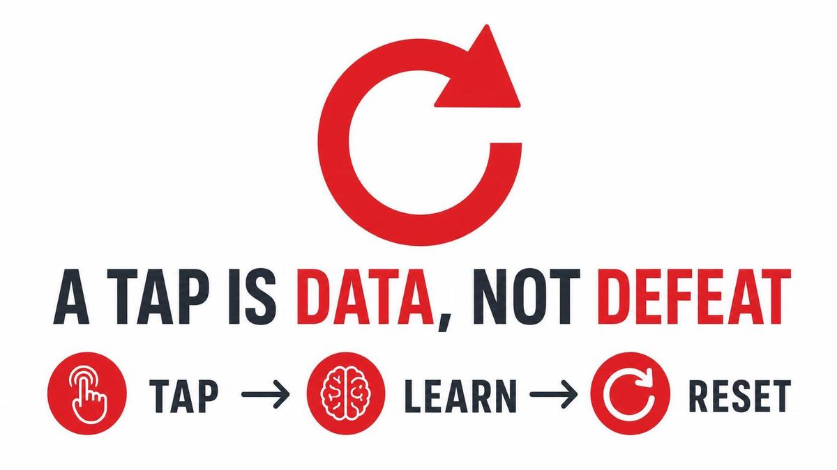 Simple reframe infographic — a 'tap' depicted as a reset/refresh icon with the caption 'tap = data, not defeat,' clean and friendly