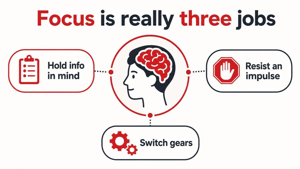 Infographic: the inner CEO — three executive-function jobs: hold info in mind, resist an impulse, switch gears