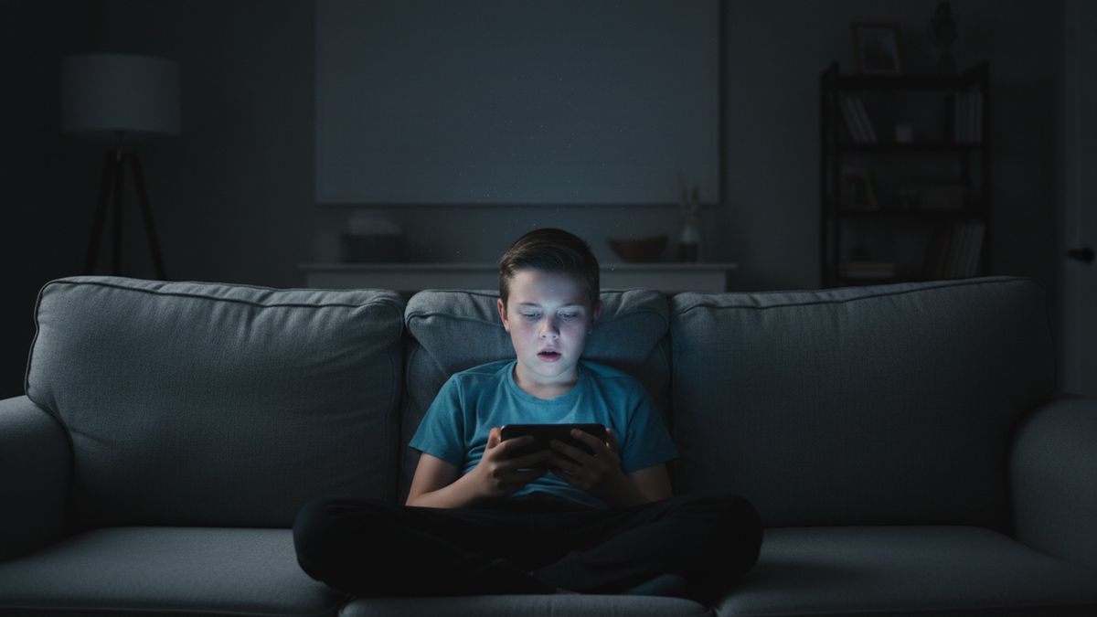 Child illuminated by phone screen in a dark room