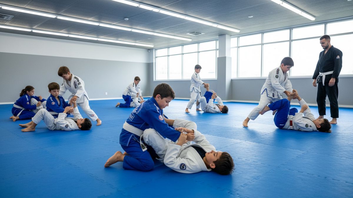Kids training Brazilian Jiu-Jitsu on the mat