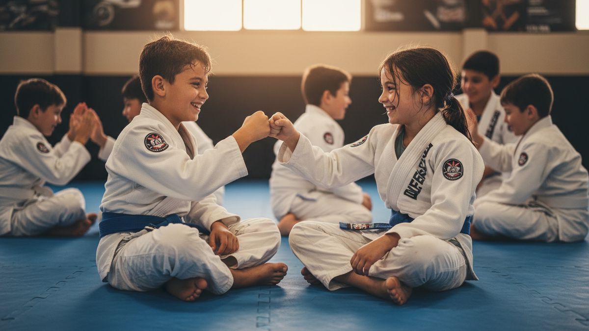 Kids fist bumping after a BJJ training session