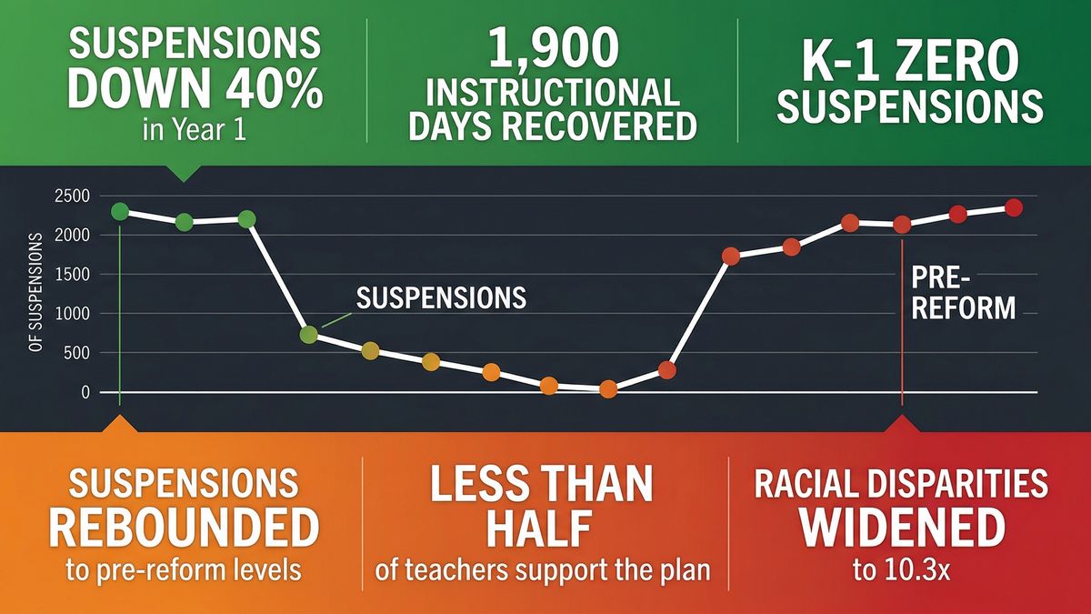 Infographic showing MMSD Behavior Education Plan results: suspensions dropped 40% initially but rebounded, with less than half of teachers supporting the plan