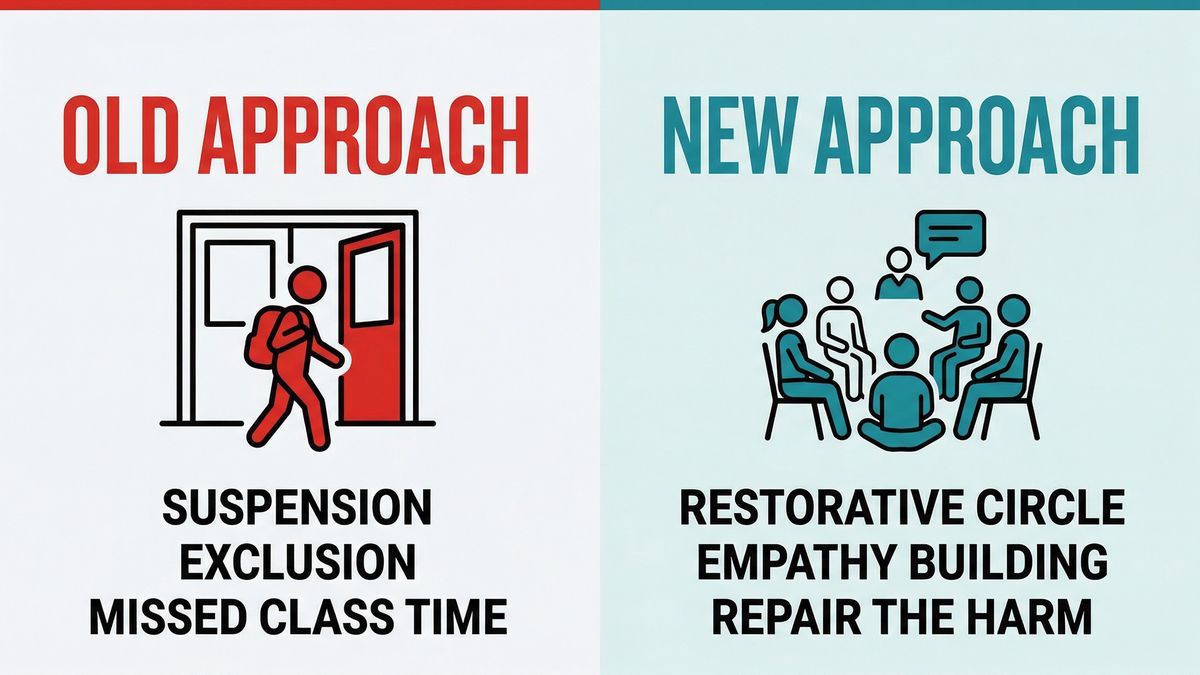 Infographic comparing old suspension-based discipline approach versus new restorative discipline approach in Madison schools