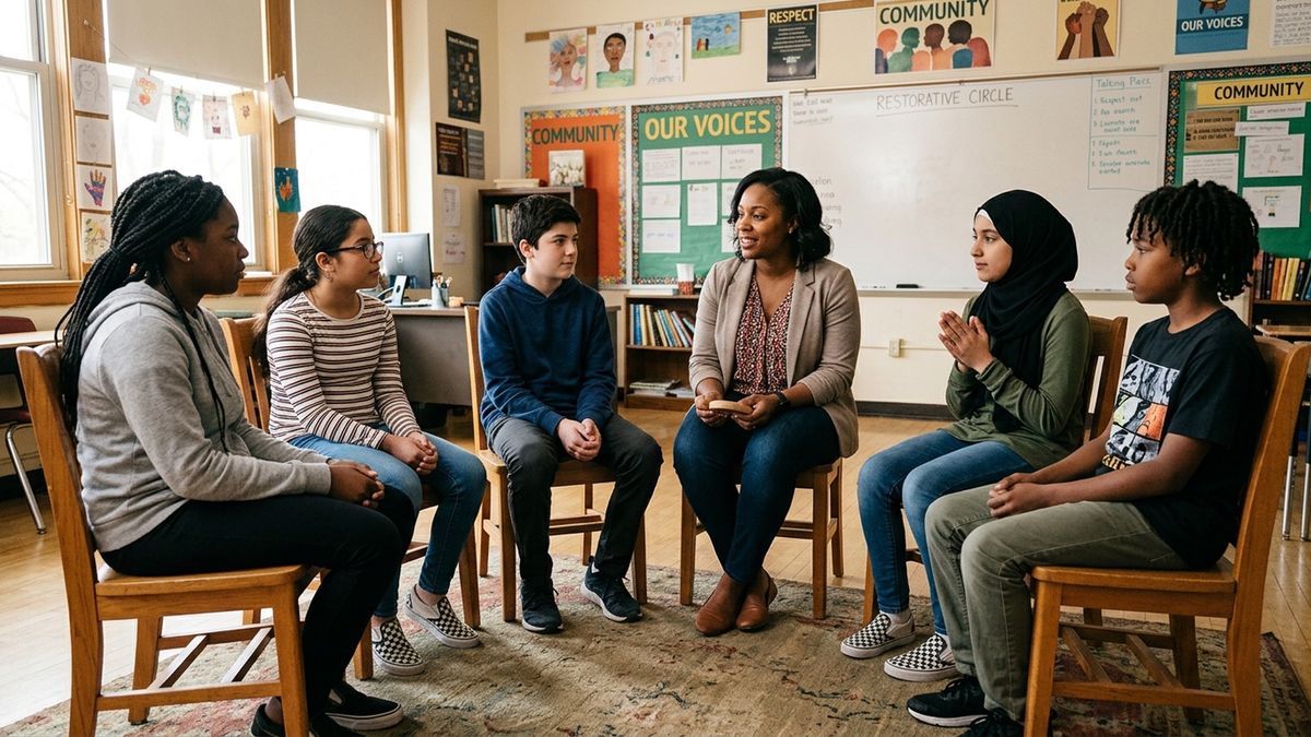 Students and facilitator sitting in a restorative justice circle in a middle school classroom