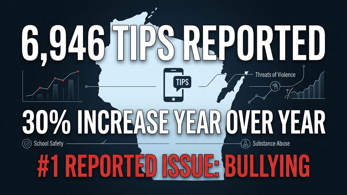 Infographic showing Wisconsin school safety tip line received 6,946 reports, a 30% increase, with bullying as the number one reported issue