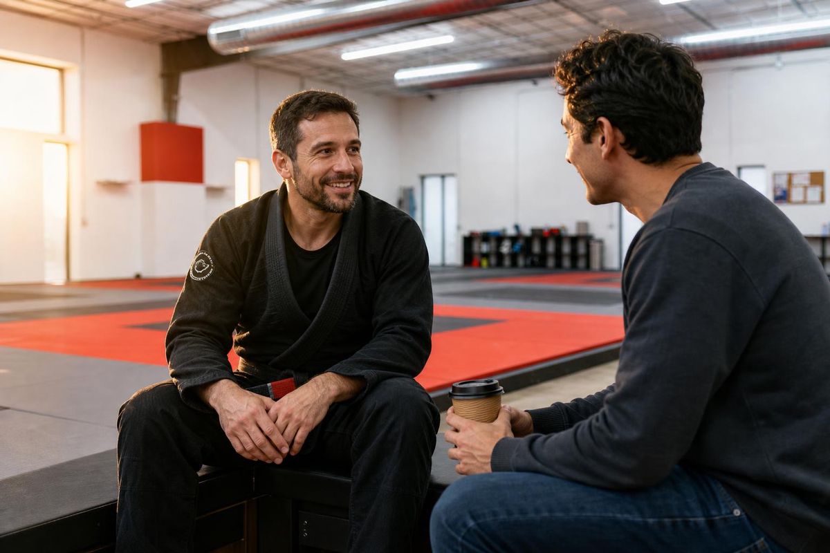 Coach in conversation with adult prospect in street clothes