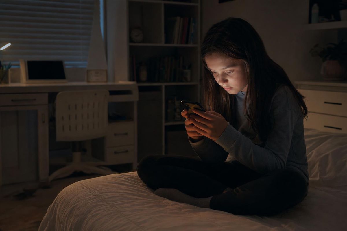 A tween alone at night on her bed lit by her phone screen, AI chat app open