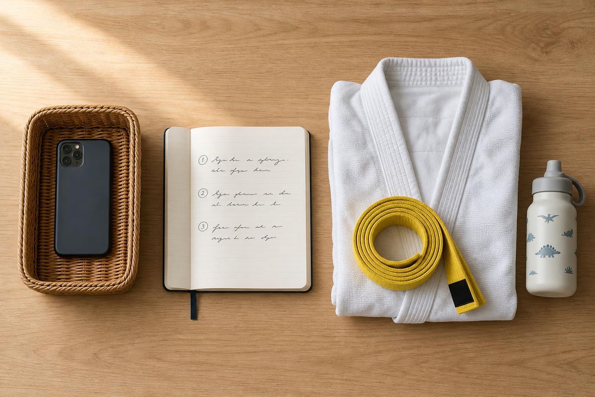 Flat lay of phone in a basket, a notebook with a numbered list, a kids gi with yellow belt, and a water bottle