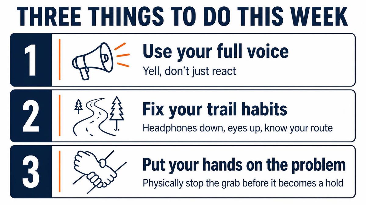 infographic card with three numbered steps, use your full voice, fix your trail habits, put your hands on the problem