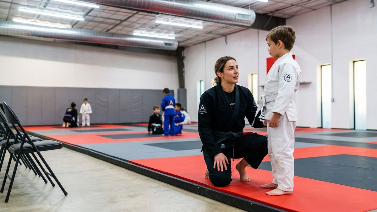 A coach kneeling to eye level with one child at the side of the mat, talking to them one on one
