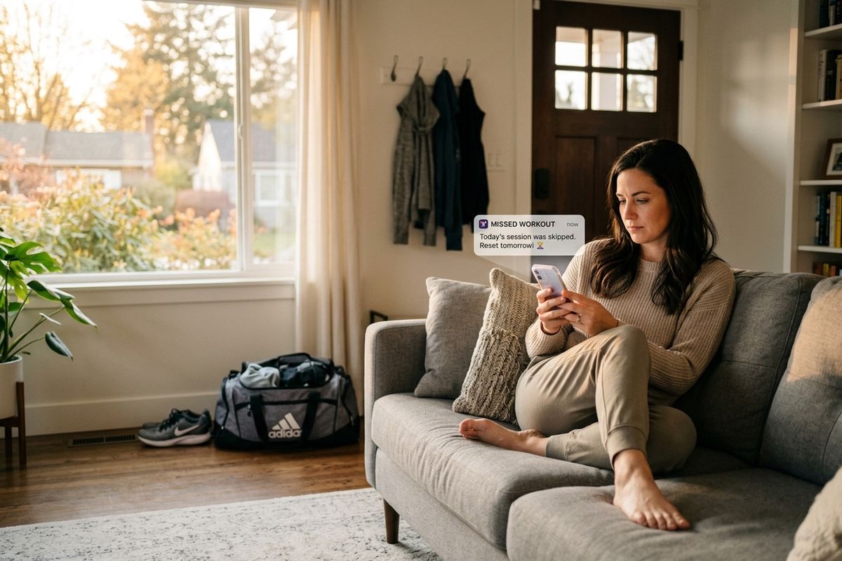 Person sitting on couch looking at missed workout notification on phone with gym bag untouched by the door