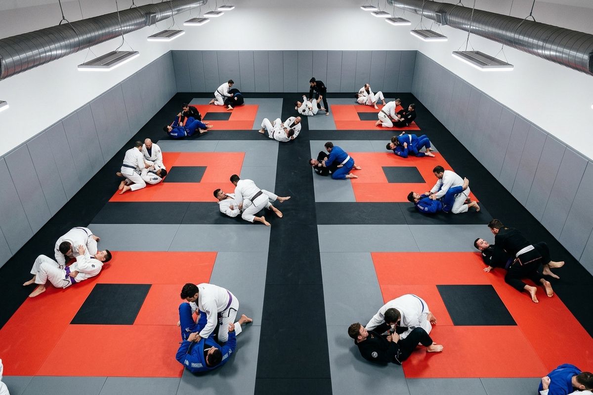 Overhead view of BJJ class with multiple training partners grappling on the mat