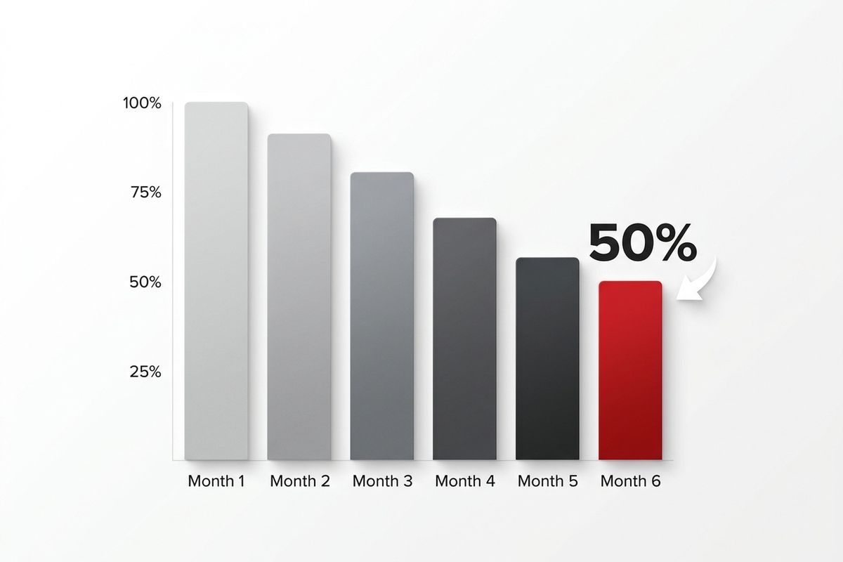 Infographic showing fitness dropout rates declining from 100% to 50% over six months