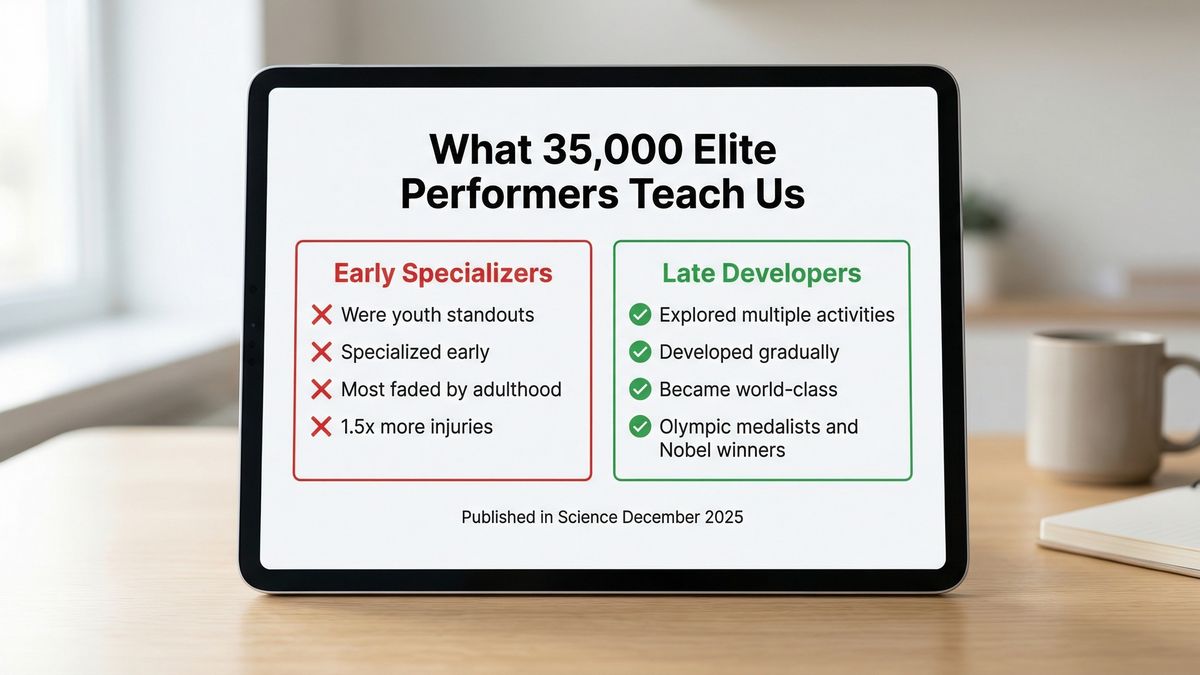 Infographic showing elite performers specialize later, not earlier