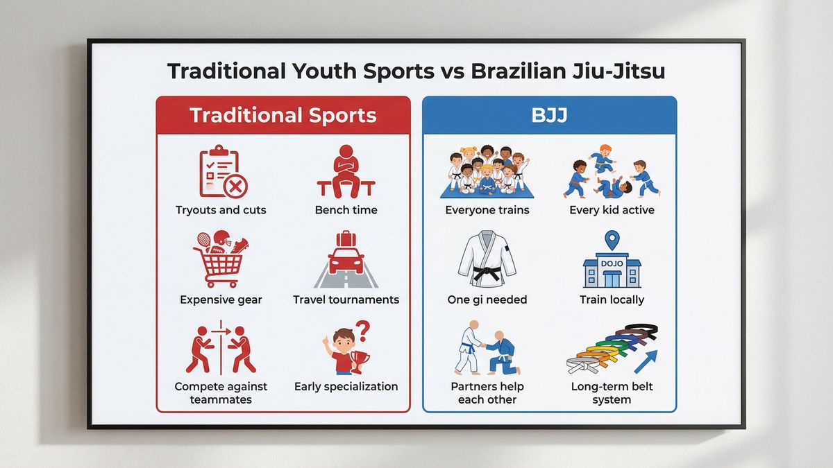 Side-by-side comparison of BJJ structure versus traditional youth sports