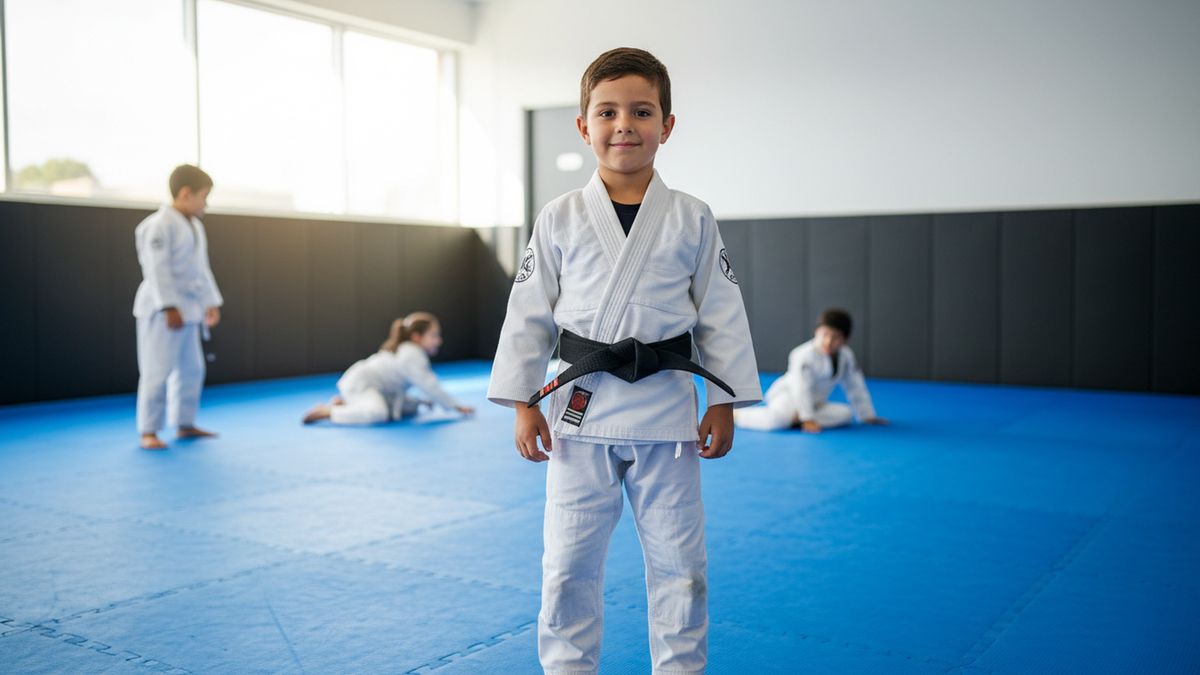 Confident child in a BJJ gi after training