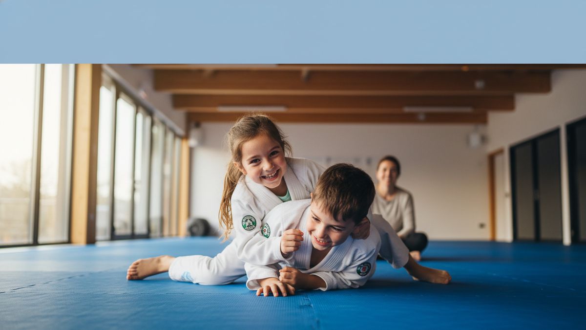 Kids safely rolling during a BJJ sparring session