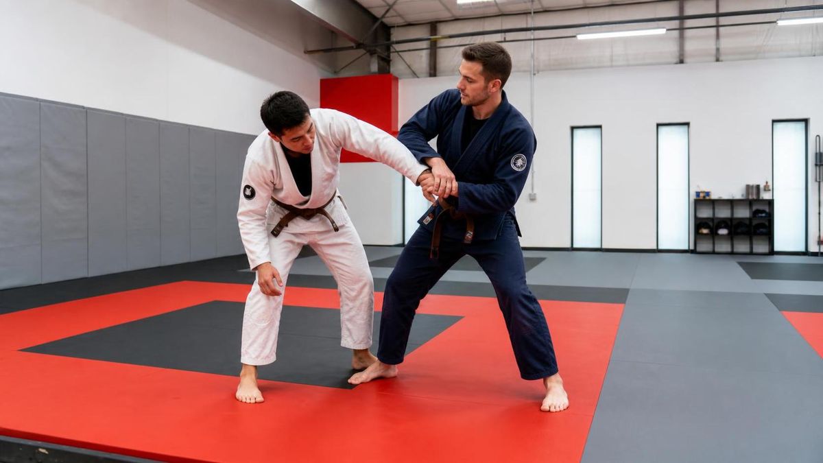 two adults in gis drilling a standing grip-break in a bright gym, one controlling the other's wrist, both upright and focused