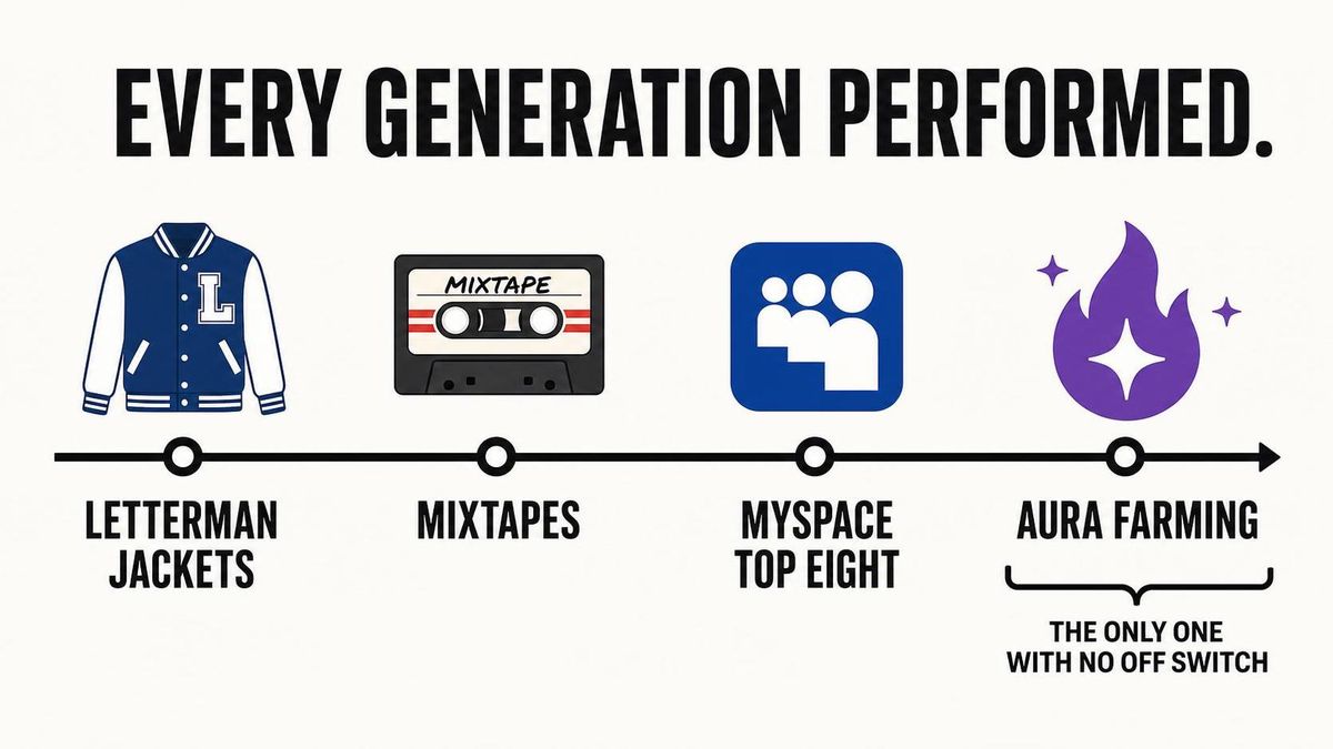 A clean horizontal timeline infographic titled Every Generation Performed, with four labeled milestones reading Letterman Jackets, Mixtapes, MySpace Top Eight, and Aura Farming, and a bracket under the last one labeled the only one with no off switch.
