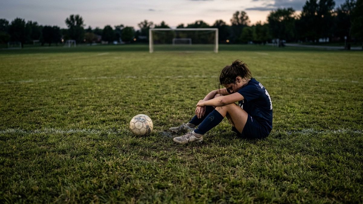 conceptual — a young single-sport athlete looking worn out and alone on an empty field, evoking year-round repetition and burnout