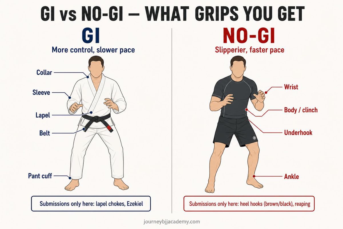 Gi vs no-gi grip comparison — what changes when the jacket comes off