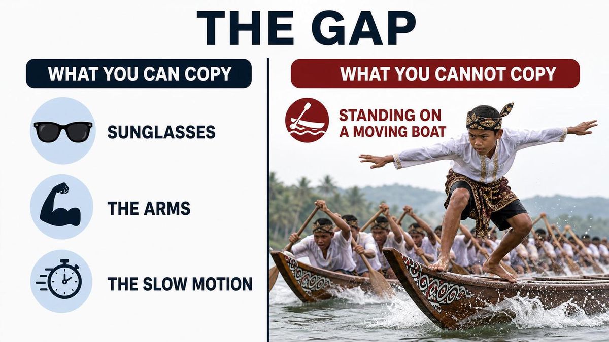 A two-column infographic headed The Gap. Left column labeled What You Can Copy listing sunglasses, the arms, the slow motion. Right column labeled What You Cannot Copy listing standing on a moving boat.