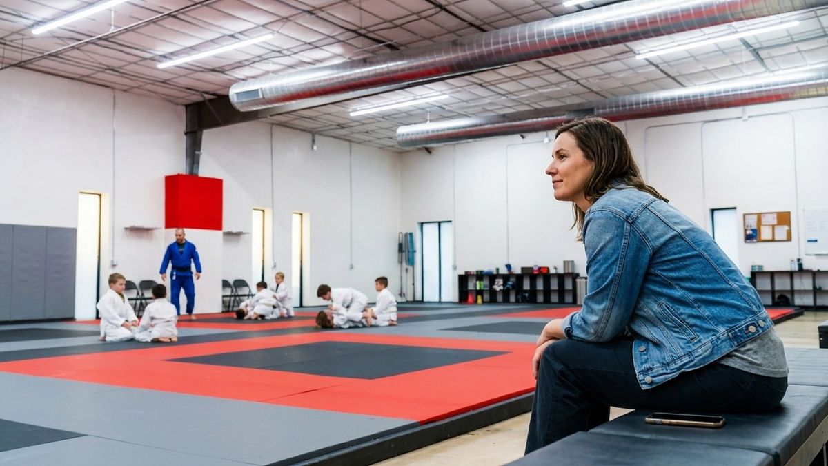 A parent sitting on a bench at the edge of the mat, watching a kids class, phone face-down beside them