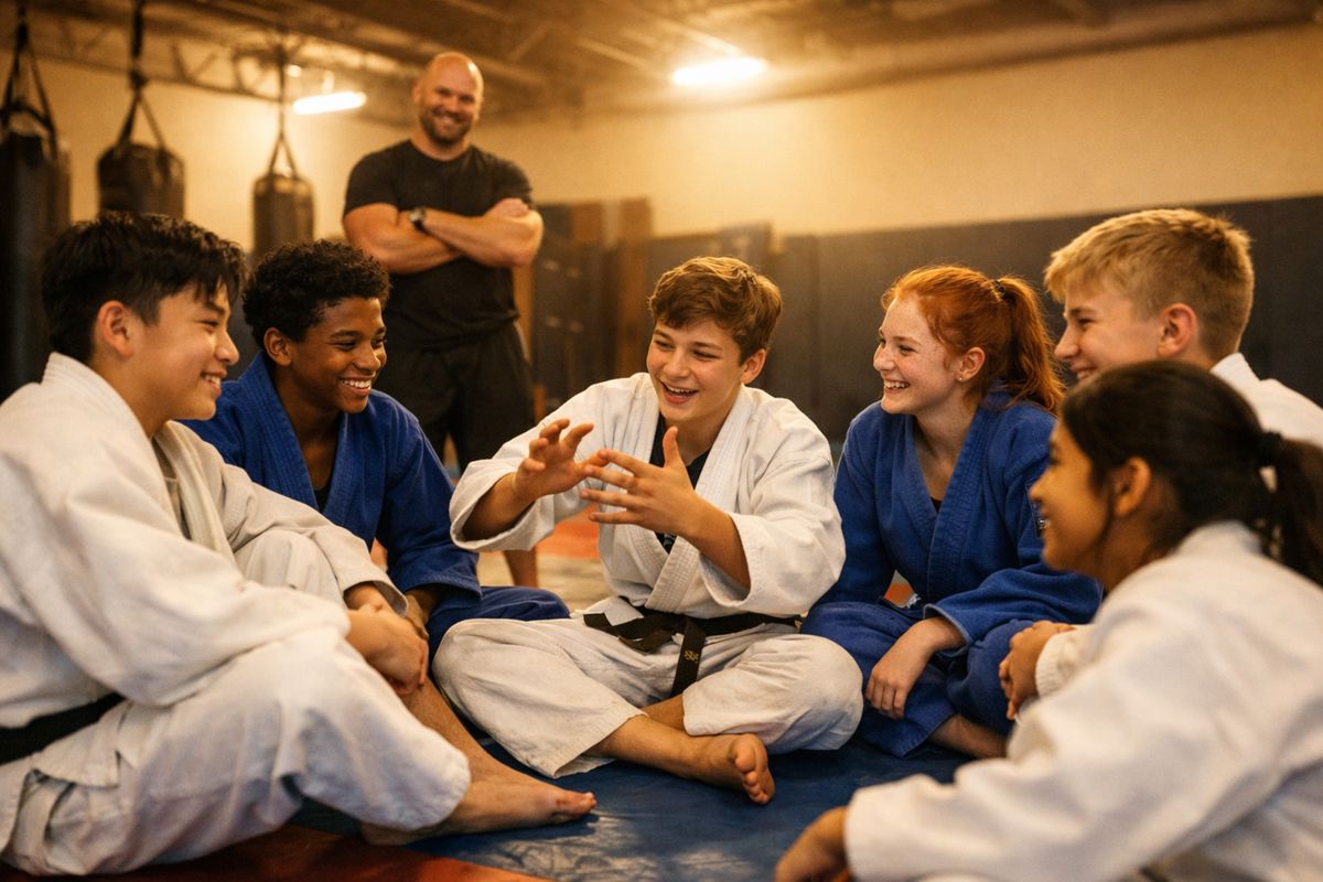 Kids in martial arts gis sitting together, laughing and connecting between training rounds