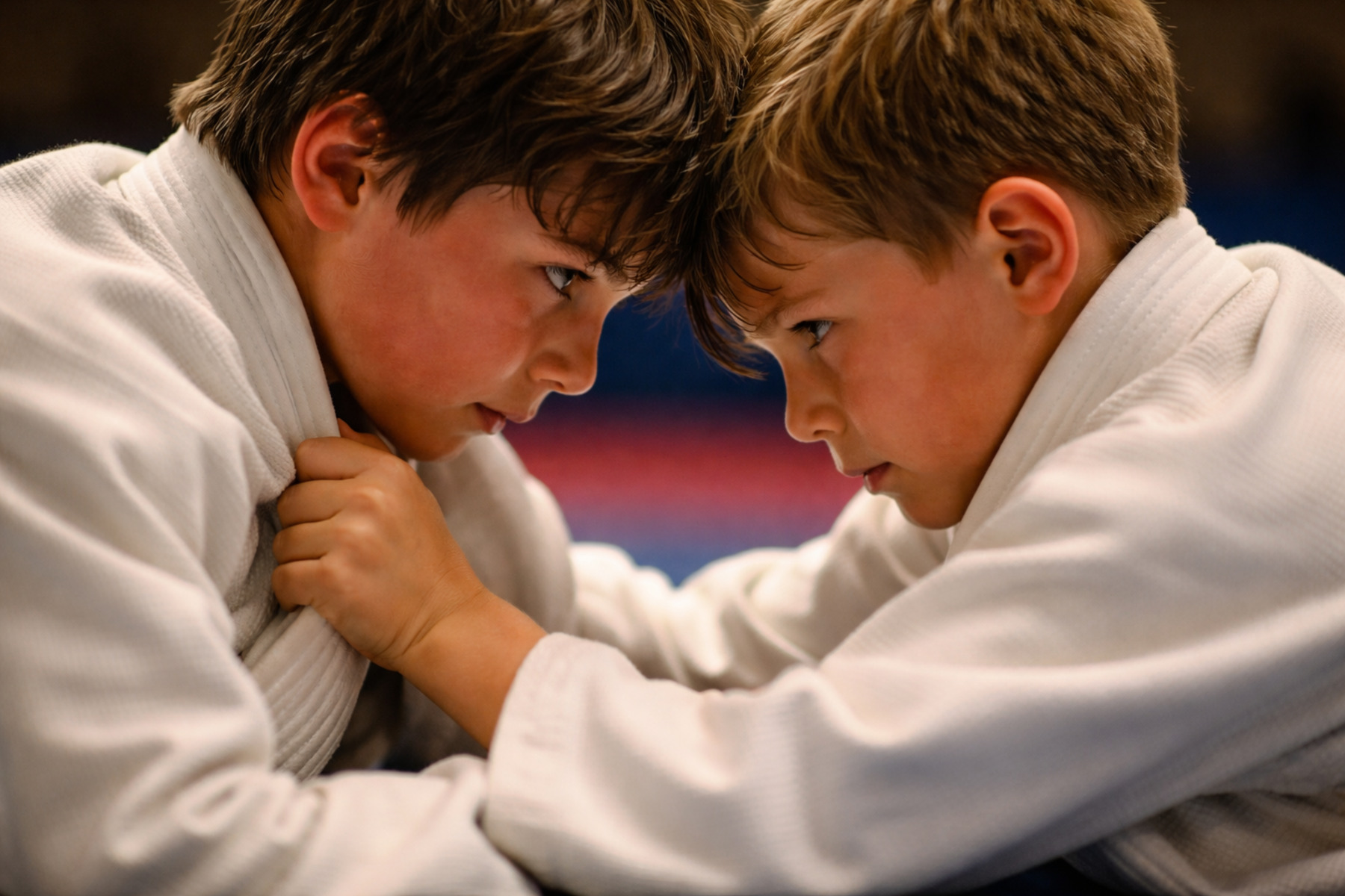 Two kids grappling face to face in martial arts training — forced proximity that shortens moral distance