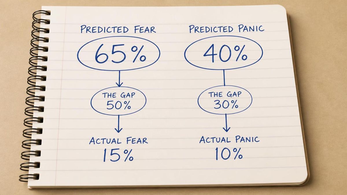 infographic of a pocket notebook page with two predicted numbers written above two lower actual numbers, the gap between them marked
