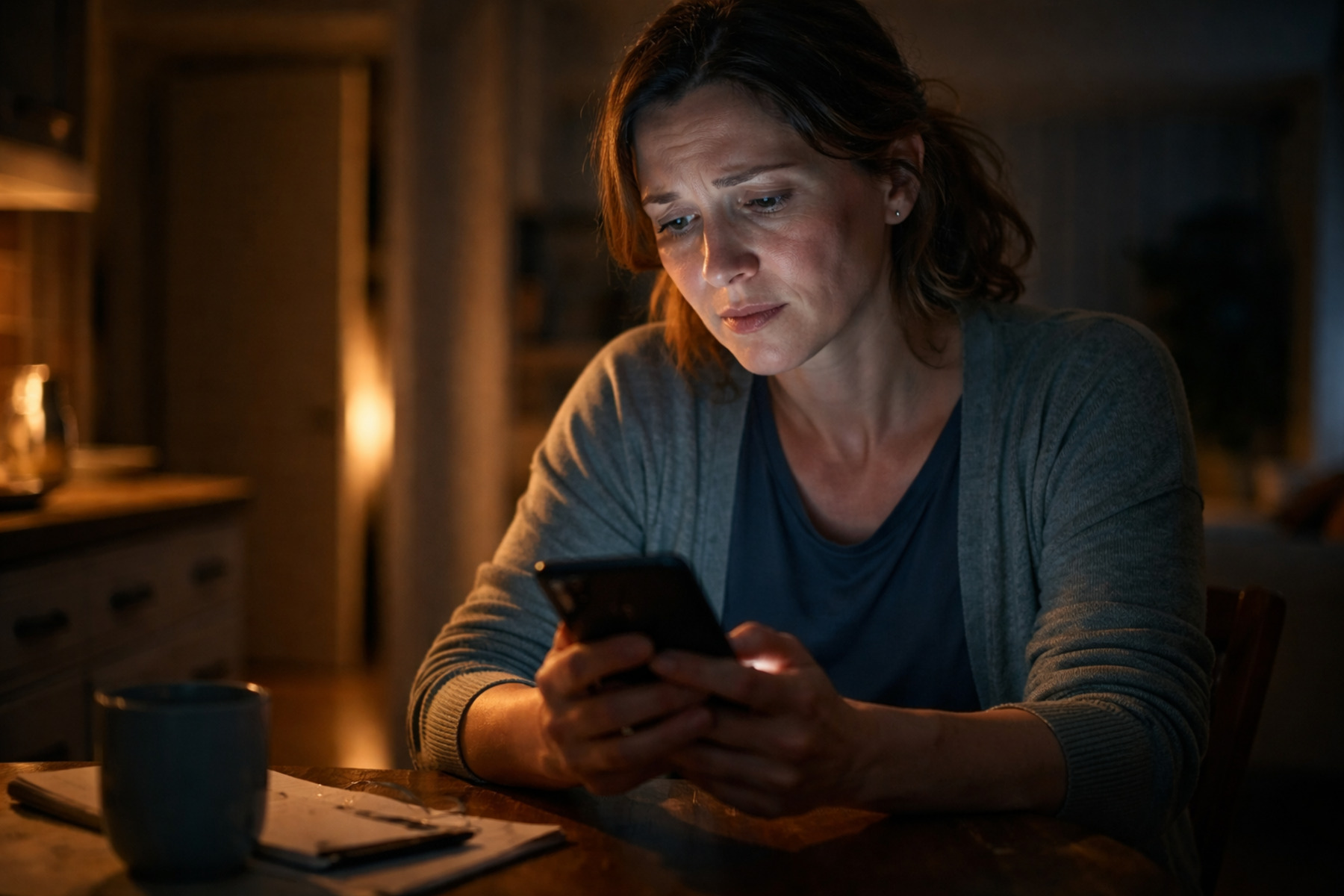Parent anxiously checking teen phone at night — the surveillance parenting dilemma