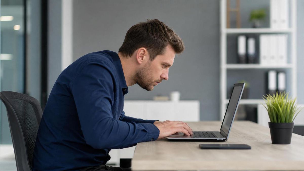 A desk worker slumped over a laptop with forward-tipped head, shown from the side, in a plain office setting