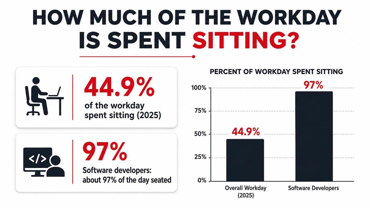 Clean data infographic showing '44.9% of the workday spent sitting in 2025' and 'software developers ~97%', plain bar-style, brand colors