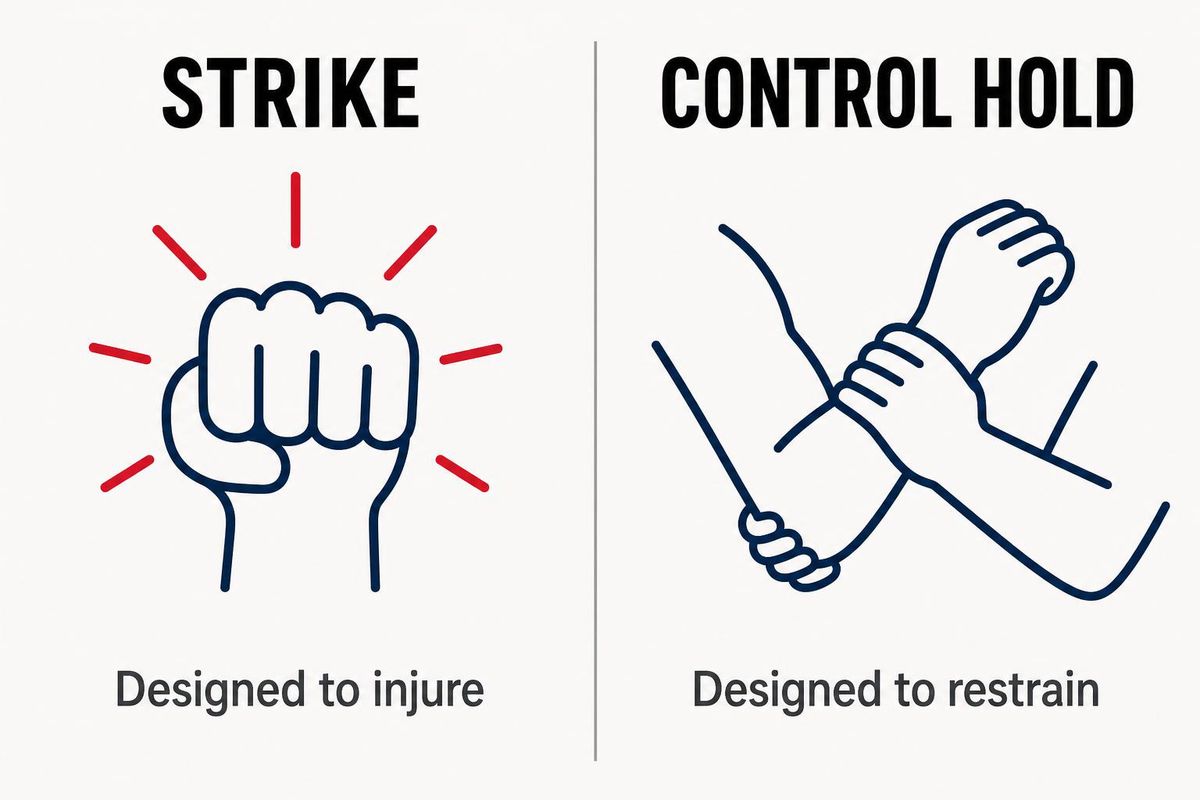 Simple two-panel infographic contrasting a STRIKE (fist, 'designed to injure') with a CONTROL HOLD (gripped forearm, 'designed to restrain')