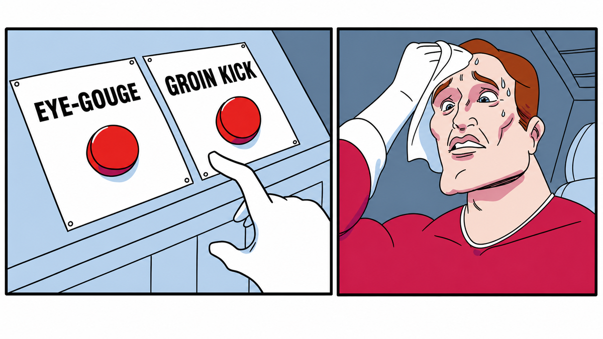 Daily Struggle meme — choosing between Eye-Gouge and Groin Kick