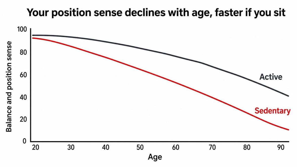 Simple line-chart infographic — proprioceptive acuity declining gently with age, with a steeper 'sedentary' line diverging below a flatter 'active' line, brand colors, minimal
