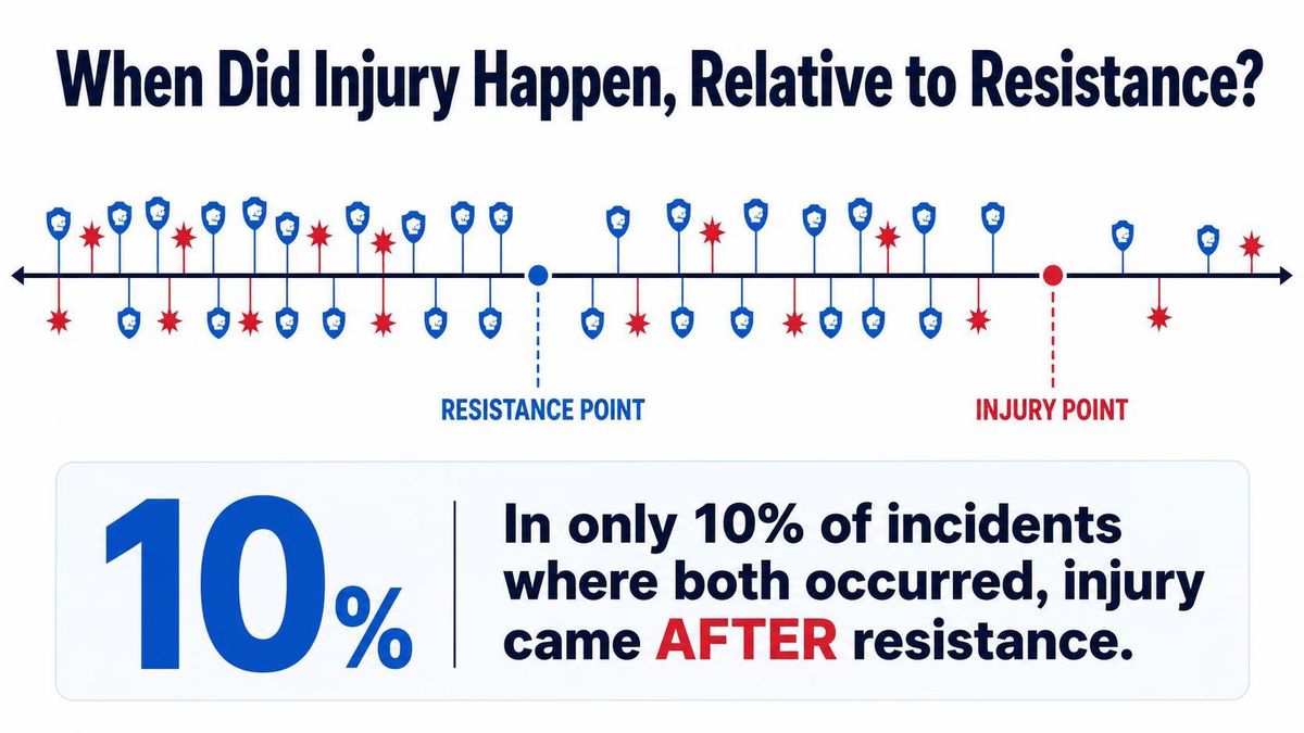 infographic timeline of an attack showing the injury point marked before the resistance point, labeled to show that injury came after resistance in only 10 percent of incidents where both occurred