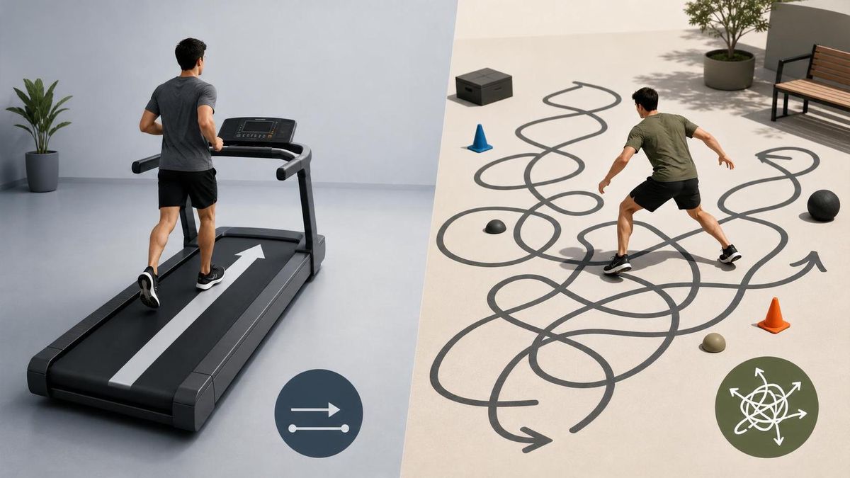 Conceptual upright scene — a person jogging on a treadmill with the belt path drawn as a single straight predictable arrow, contrasted with a scribbled unpredictable path, no ground grappling, brand colors