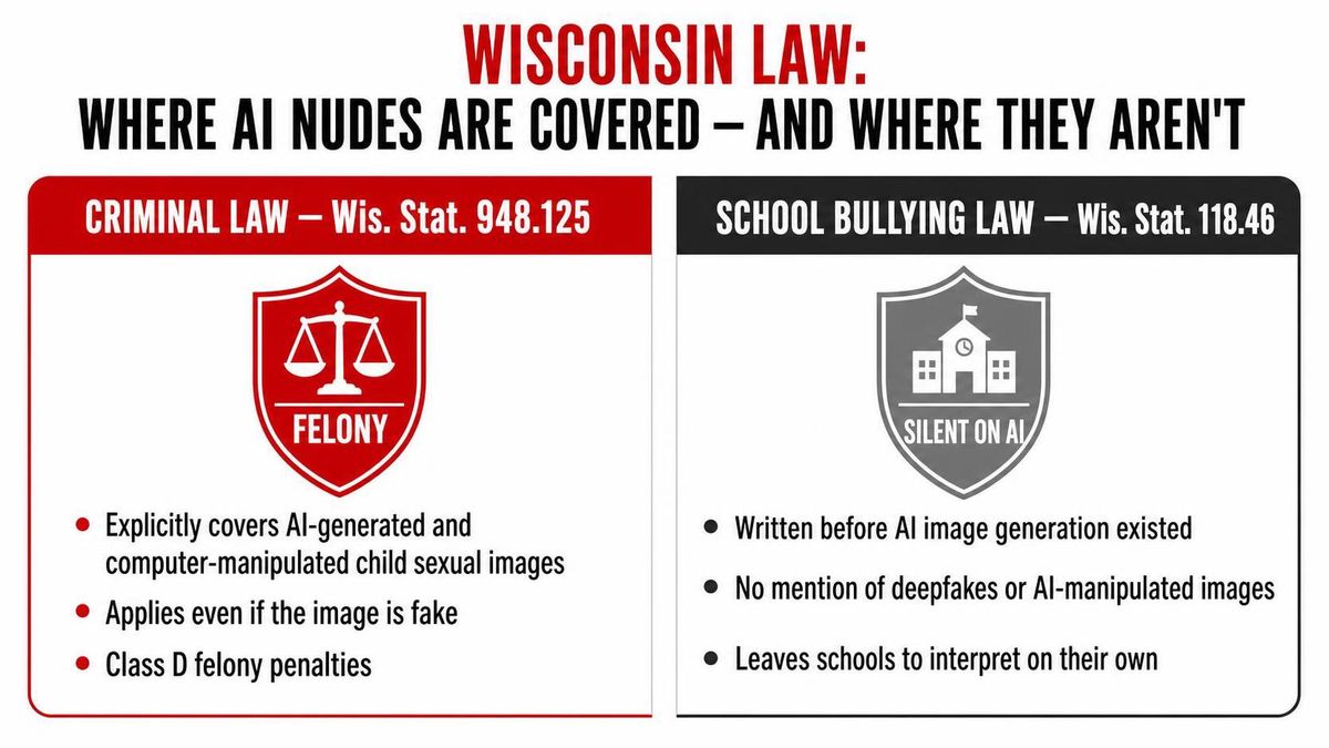 simple two-column graphic comparing Wisconsin's covered criminal law vs its silent school-policy law
