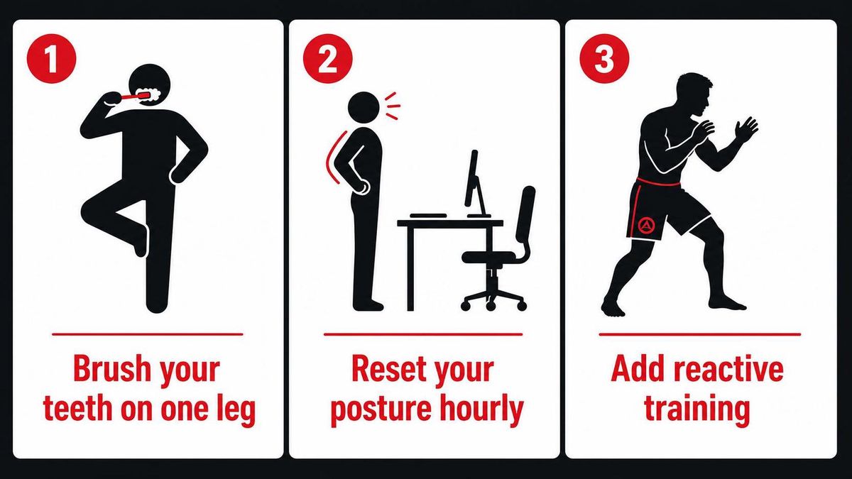Simple three-panel infographic of the week's drills: person balancing on one leg while brushing teeth, a desk posture reset, and a grappling silhouette, minimal and upright