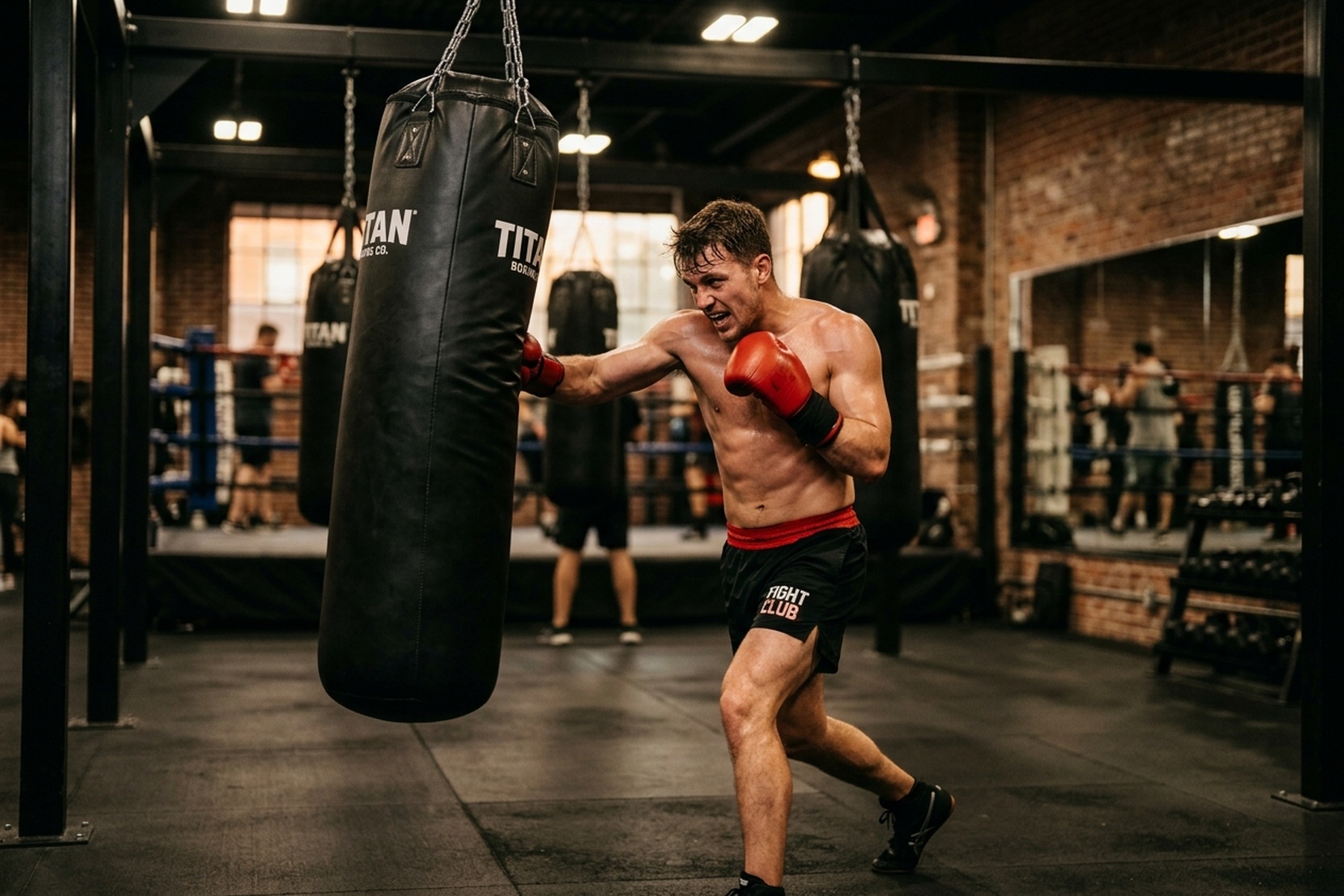 Boxer training on heavy bag in a boxing gym