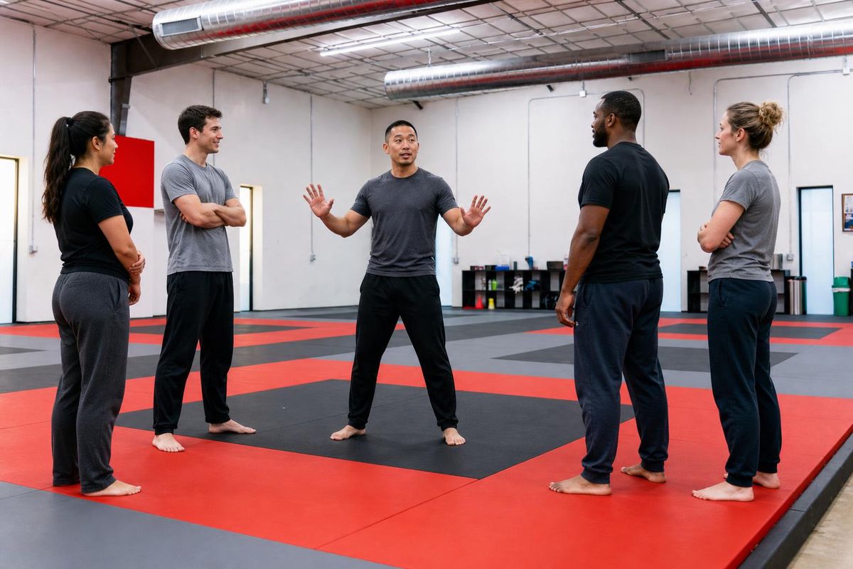 A welcoming, mixed-age adult class on the mats — regular people (not cops) training control-based grappling in a relaxed, beginner-friendly room