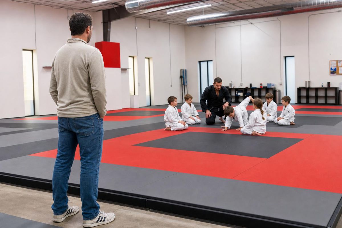 a parent standing at the edge of the mat watching a kids BJJ class, a coach engaging the children in the background
