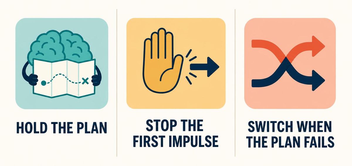 A clean three-panel infographic naming the three parts of executive function: hold the plan, stop the first impulse, switch when the plan fails