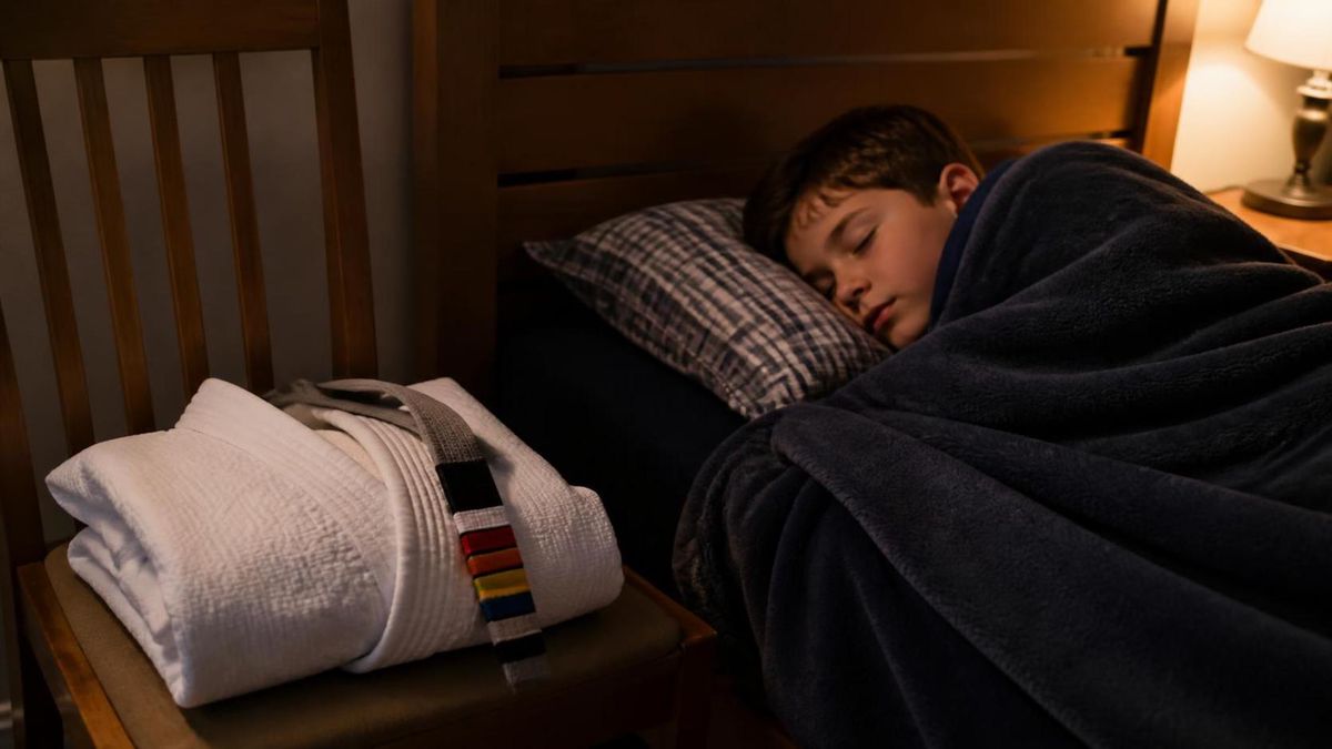 A young child asleep in bed, a folded white gi with a stripe-marked belt visible on a chair beside them.